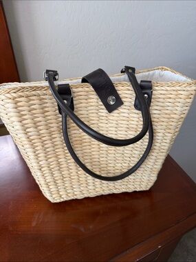 Woven Straw Tote with Black Handles